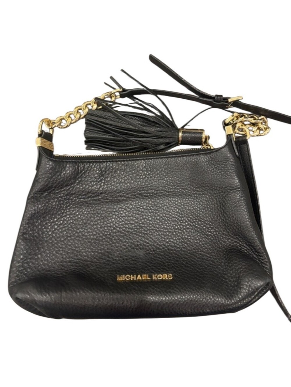 Michael Kors Black Pebbled Leather Shoulder Bag with Gold Chain and Tassel